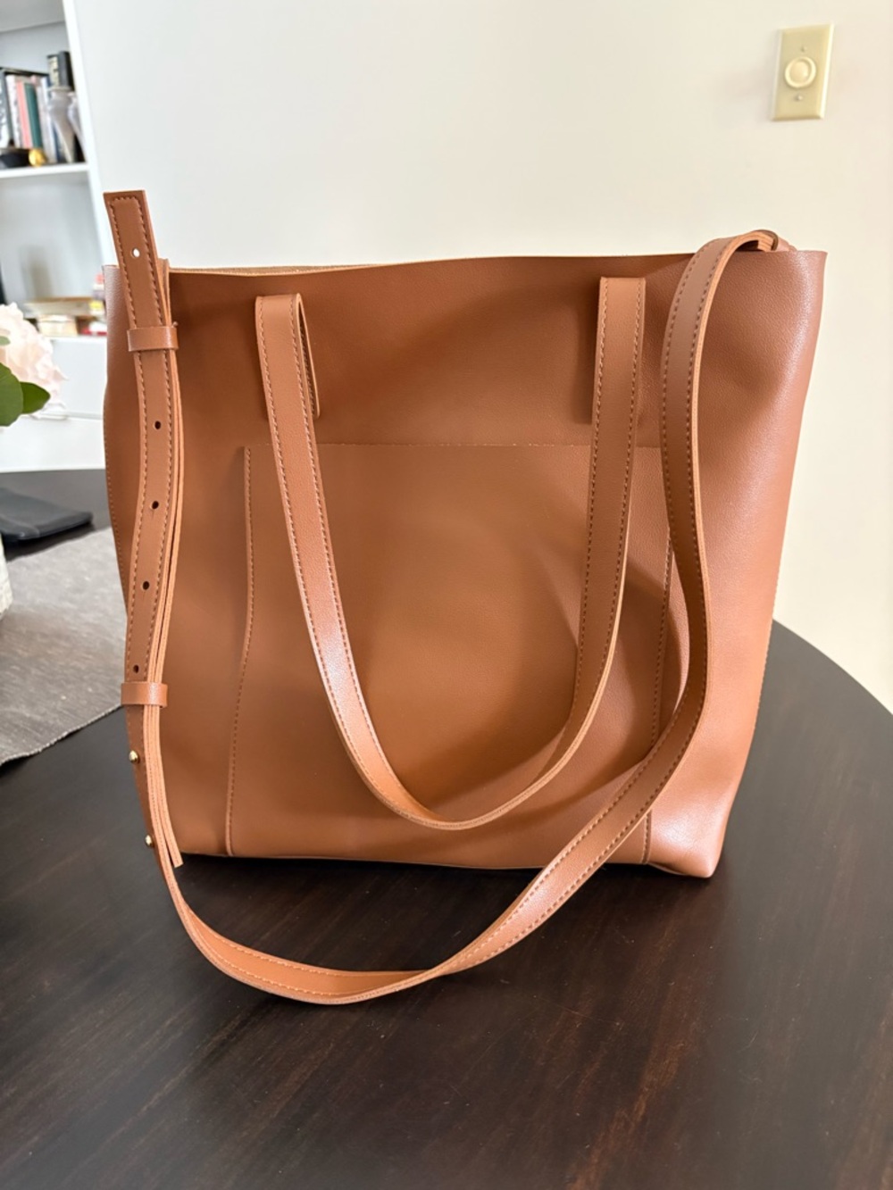 Vegan Leather Tan Cross-Body Tote Bag with Adjustable Strap